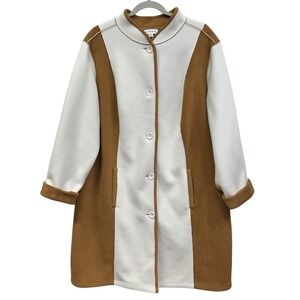 Susan Graver Coat Womens 1X Camel Ivory Colorblock Fleece Button Front‎ Pockets